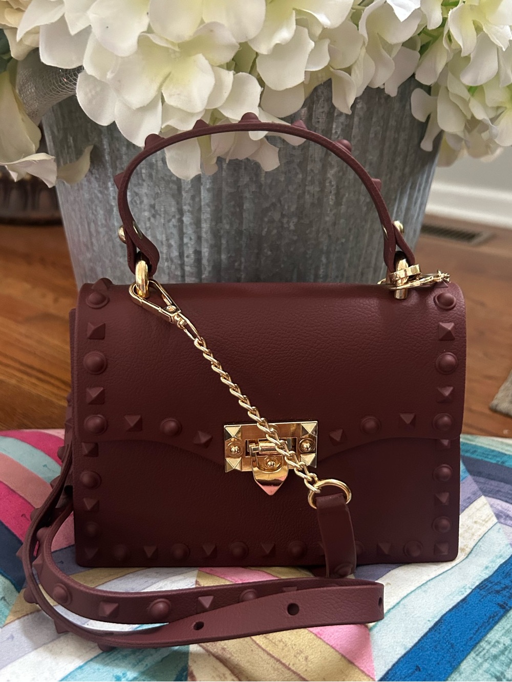 Studded Jelly Top Handle Crossbody Satchel Bag Burgundy Wine